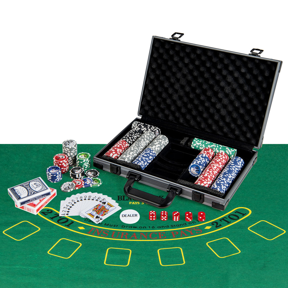 Texas Holdem poker chip set with 400 high-quality chips, aluminum case, cards, and poker felt for game nights.