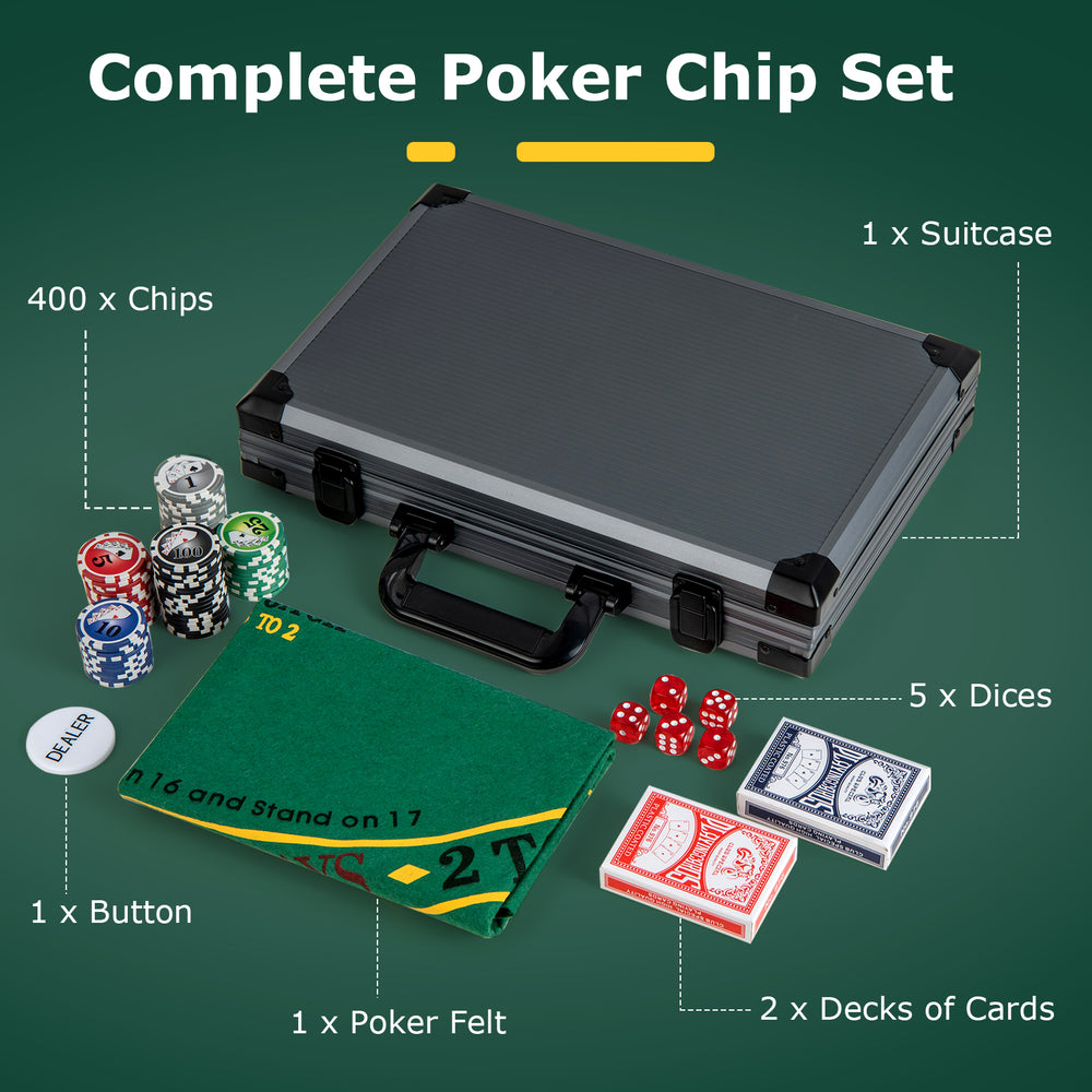 Complete Texas Holdem poker chip set with 400 chips, aluminum suitcase, poker felt, and two decks of cards for gaming.