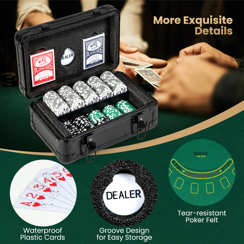 Texas Holdem poker chip set with 300 chips, waterproof cards, and tear-resistant felt in a portable aluminum case.