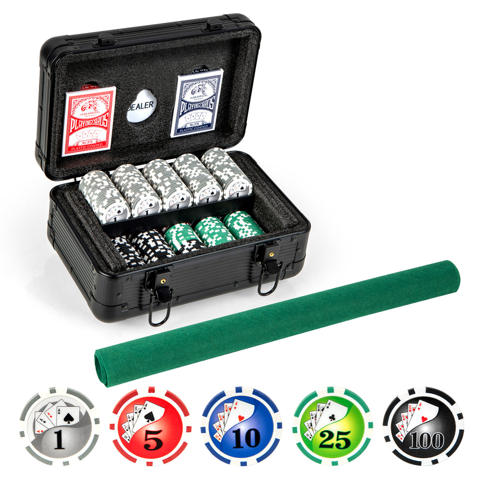 Texas Holdem poker chip set in a black aluminum case with 300 chips, cards, and poker felt for game nights.