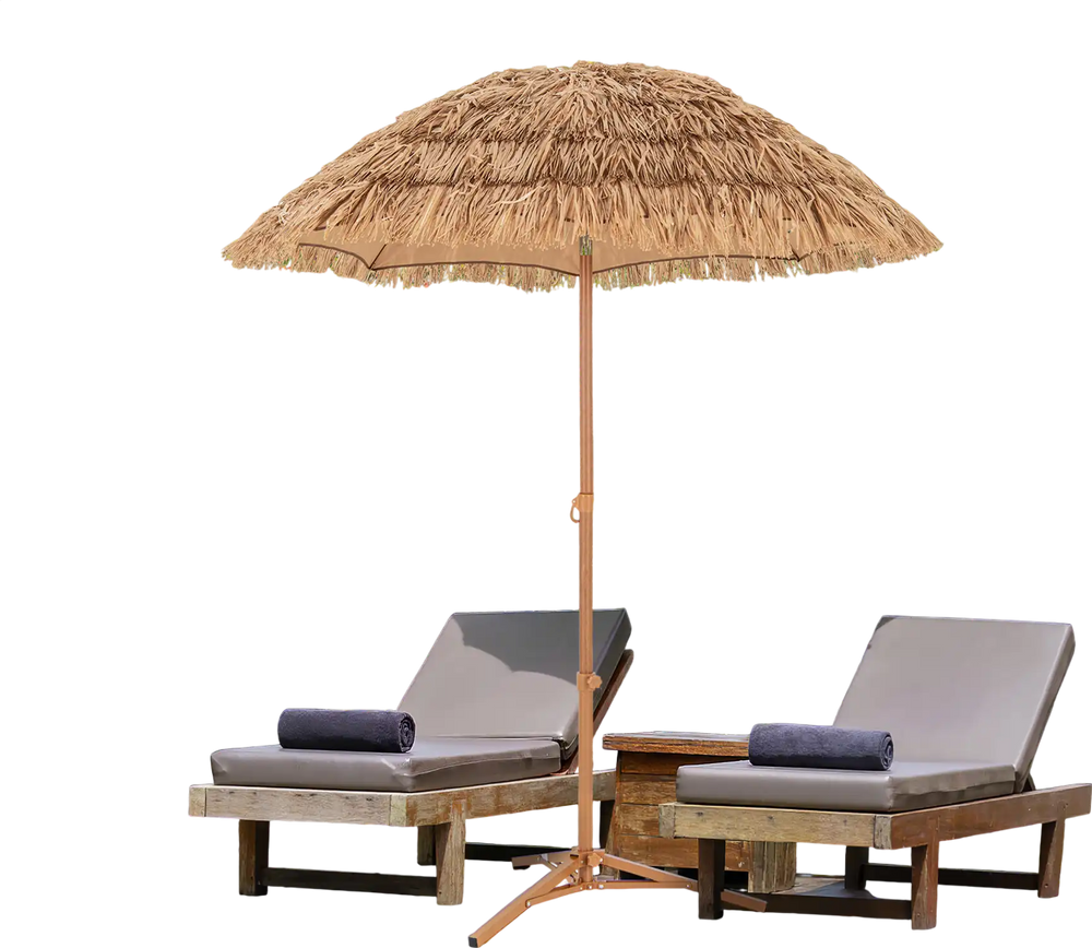 Thatched tiki umbrella with foldable stand, made of polyester and PP, providing sun protection by the poolside.