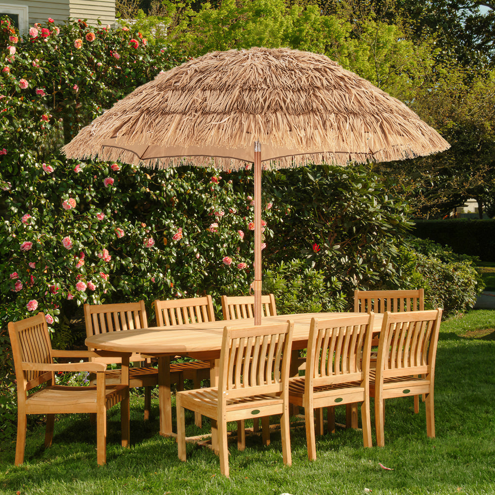 Thatched tiki umbrella with foldable stand, made of polyester and PP, providing sun protection for outdoor dining.