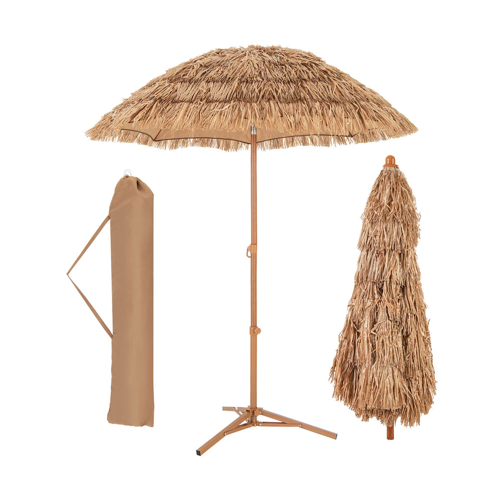 Thatched tiki umbrella with foldable stand, 6.5 feet tall, made of polyester and PP, ideal for outdoor sun protection.