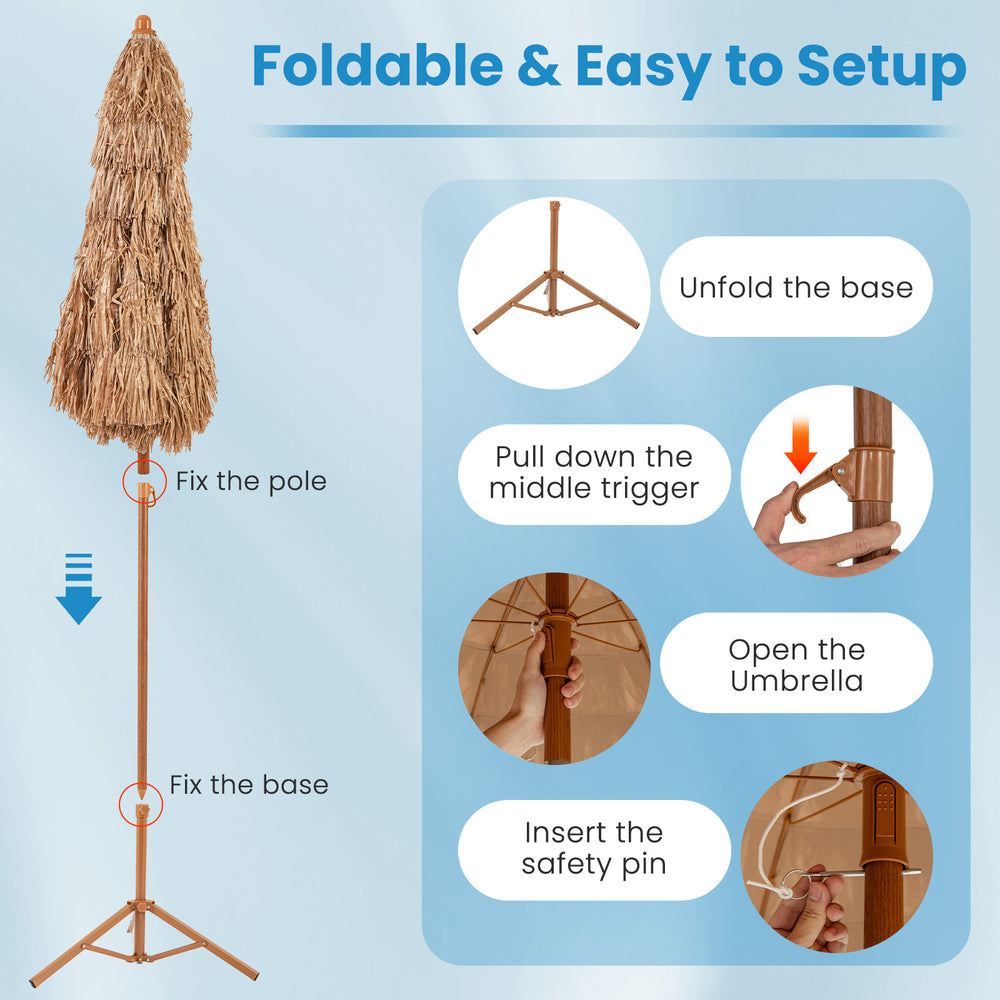 6.5 feet thatched tiki umbrella with foldable stand, featuring a push button tilt for optimal sun protection.