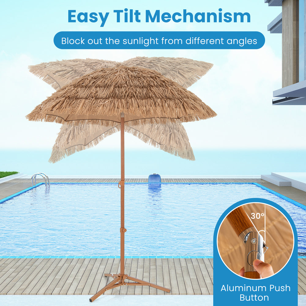 6.5 feet thatched tiki umbrella with foldable stand and push button tilt, ideal for sun protection by the pool.