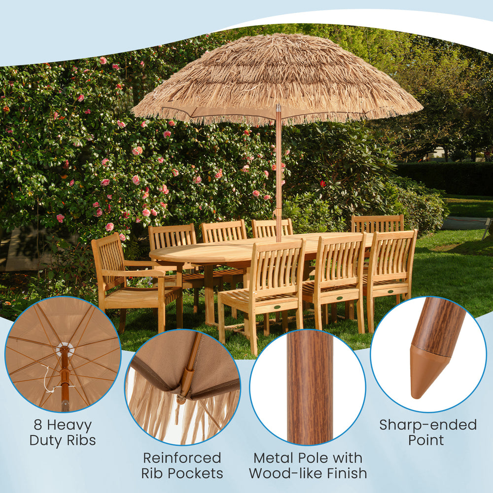 Thatched Tiki umbrella with foldable stand, 6.5 feet, made of polyester and PP, ideal for outdoor sun protection.