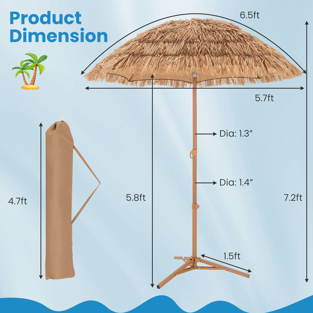 6.5 feet thatched tiki umbrella with foldable stand, natural color, featuring tilt and sturdy base for outdoor use.