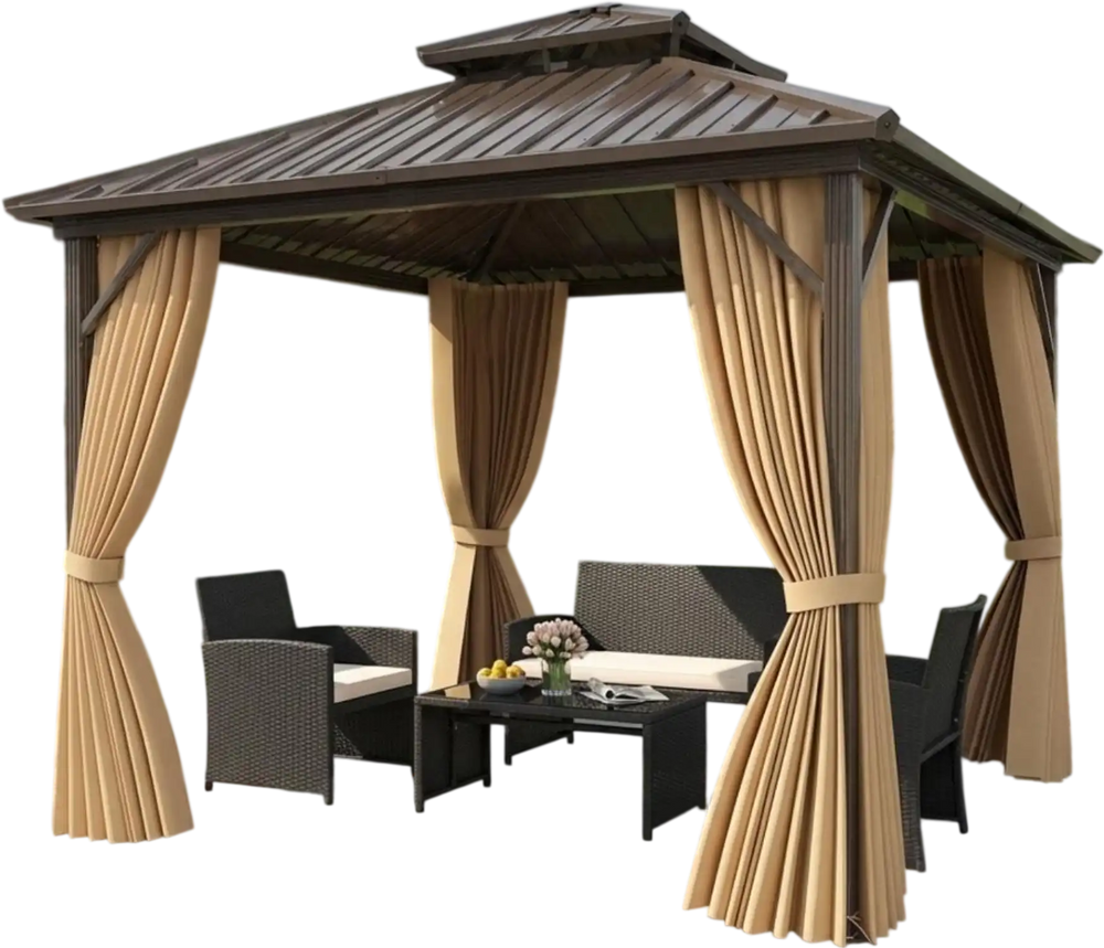 Hardtop gazebo with curtains and 4-piece rattan lounge set, perfect for outdoor patios and gardens.