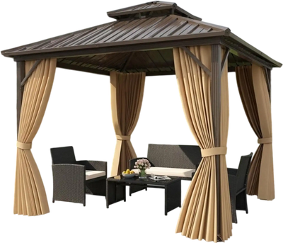 Costway Hardtop Gazebo & 4-Pc Rattan Patio Lounge Set 64592023 New