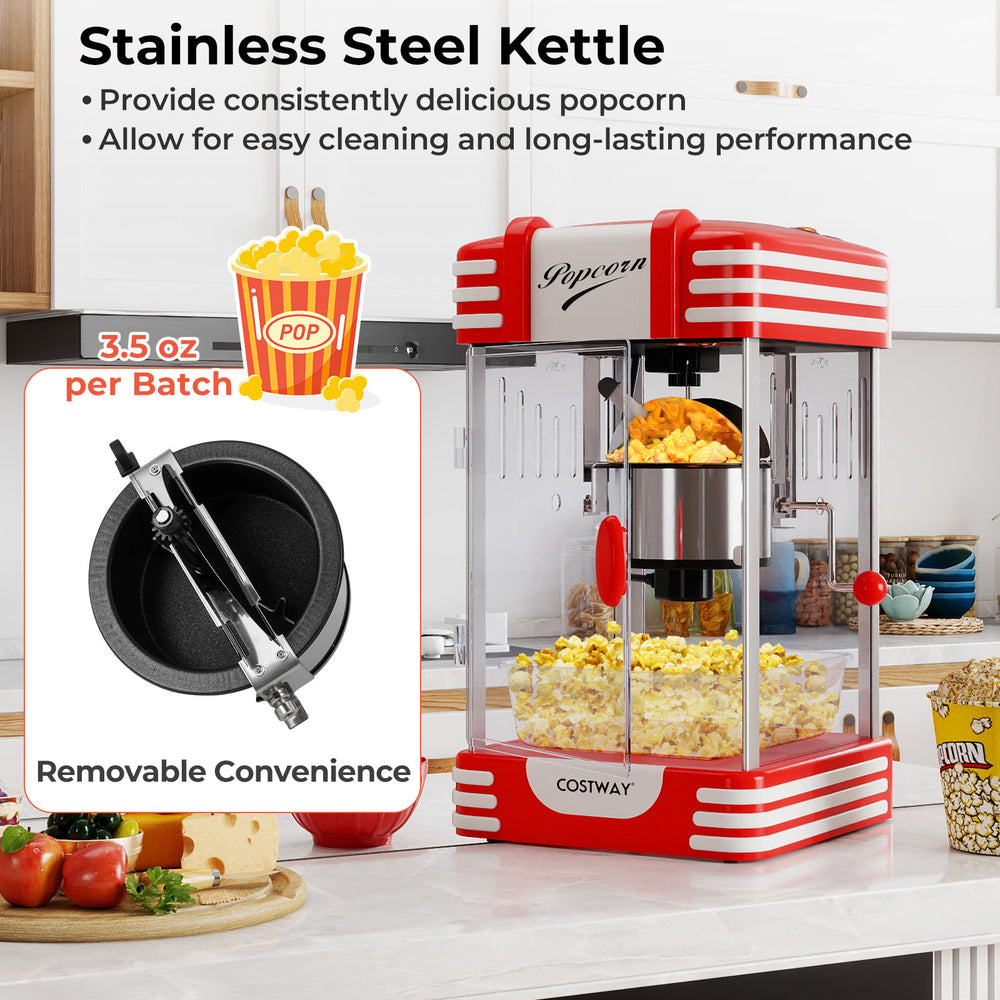 Theater style countertop popcorn maker in red with a 19 oz stainless steel kettle for easy cleaning and fast serving.