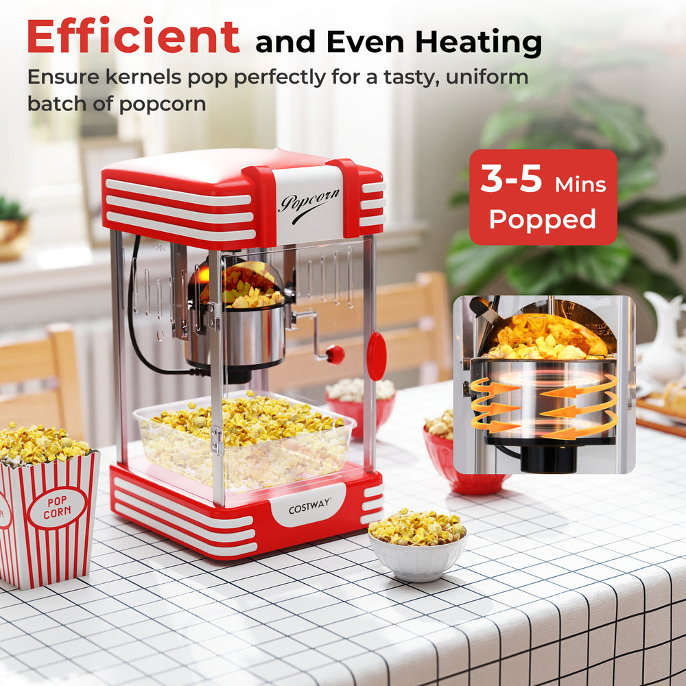 Theater style countertop popcorn maker in red with stainless steel kettle, efficient heating for 3-5 minute popping.