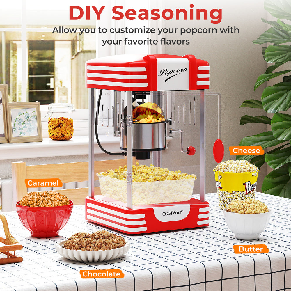 Theater style countertop popcorn maker in red with stainless steel kettle, perfect for customizing popcorn flavors at.