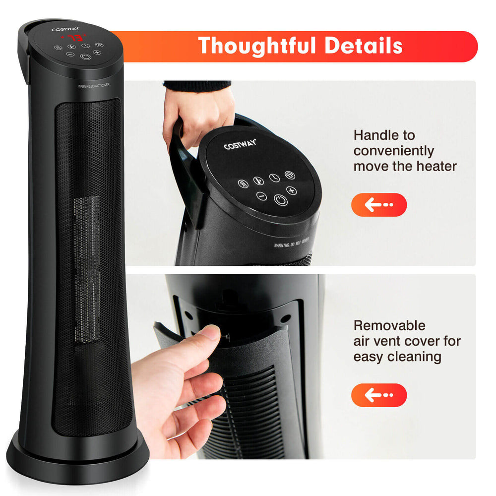 Compact 1500W space heater with remote control, featuring a removable air vent cover and convenient handle for.