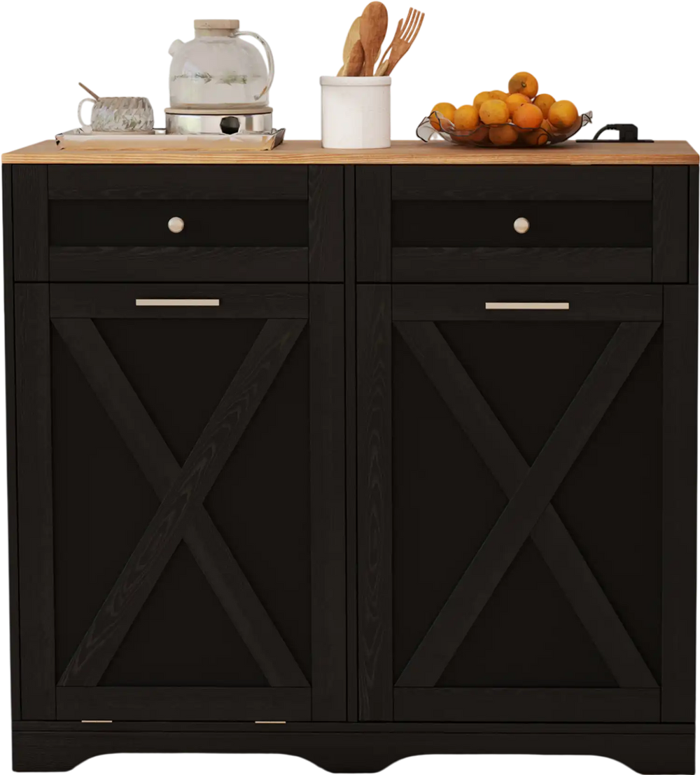 Tilt Out Trash Can Cabinet in black with a wood countertop, featuring drawers, outlets, and rustic barn-style doors.
