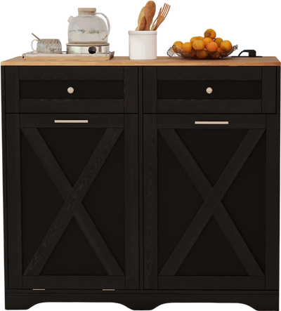 Costway Tilt-Out Trash Can Cabinet with Outlets Adjustable Shelf Black 564312978 New