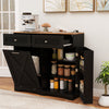 Tilt-out trash can cabinet in black with adjustable shelves, built-in outlets, and rustic barn-style doors for kitchen.