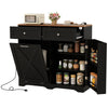 Tilt Out Trash Can Cabinet in black with adjustable shelves, built-in power strip, and rustic barn-style doors for.