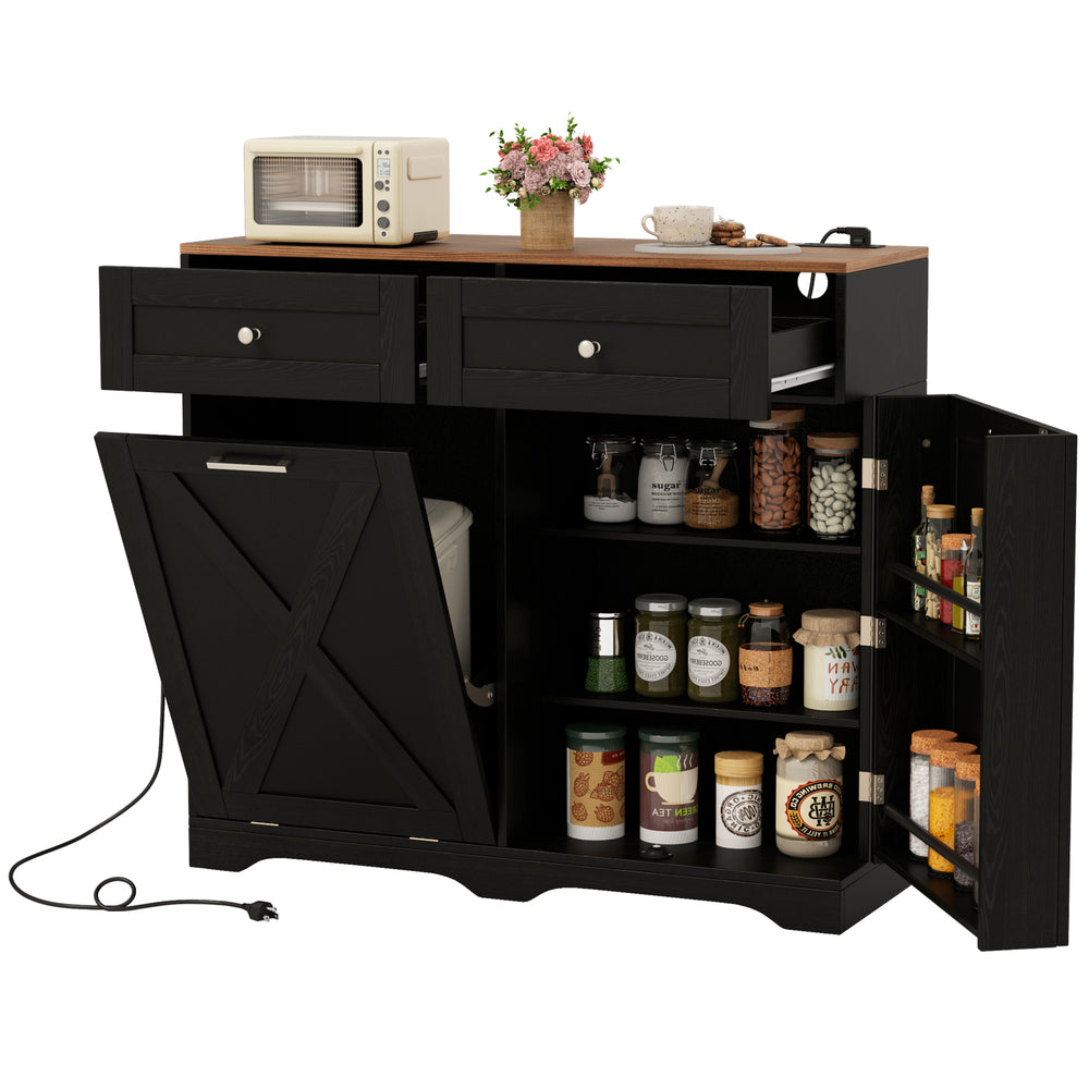 Tilt Out Trash Can Cabinet in black with adjustable shelves, built-in power strip, and rustic barn-style doors for.