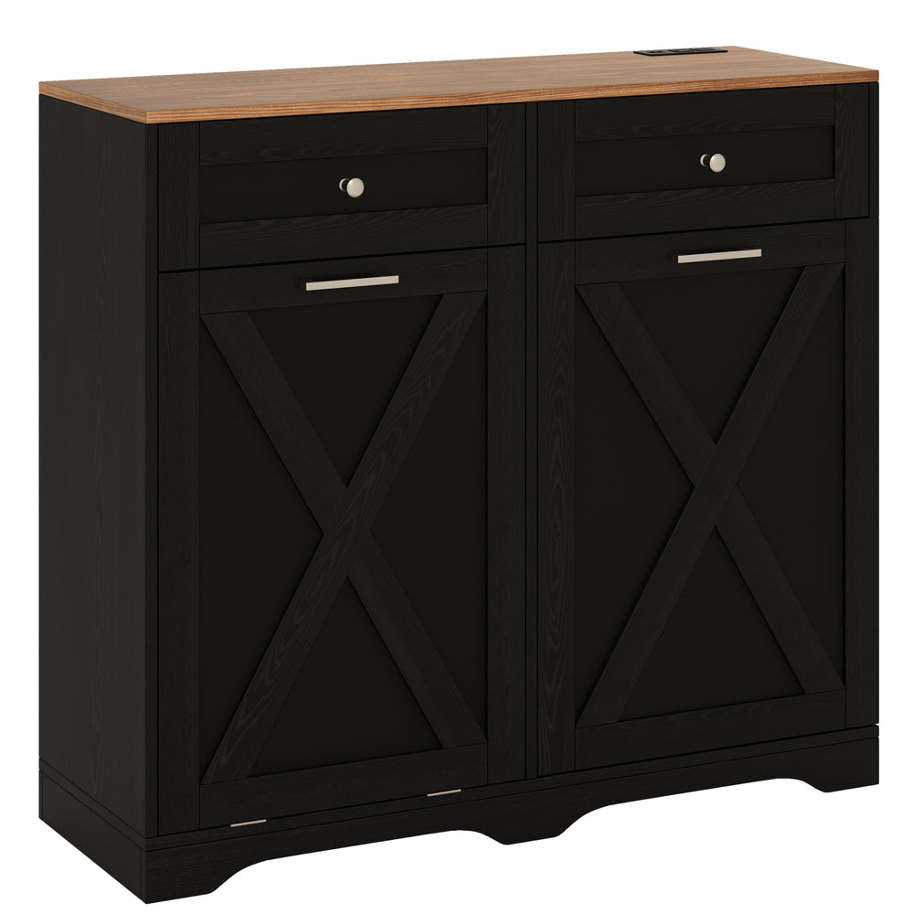 Tilt Out Trash Can Cabinet in black with wood top, featuring barn-style doors, outlets, and adjustable shelves for.