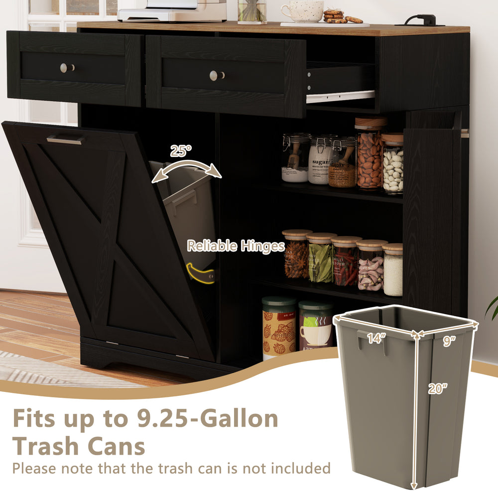 Tilt-out trash can cabinet in black with adjustable shelves, designed for 9.25-gallon cans, ideal for kitchen.