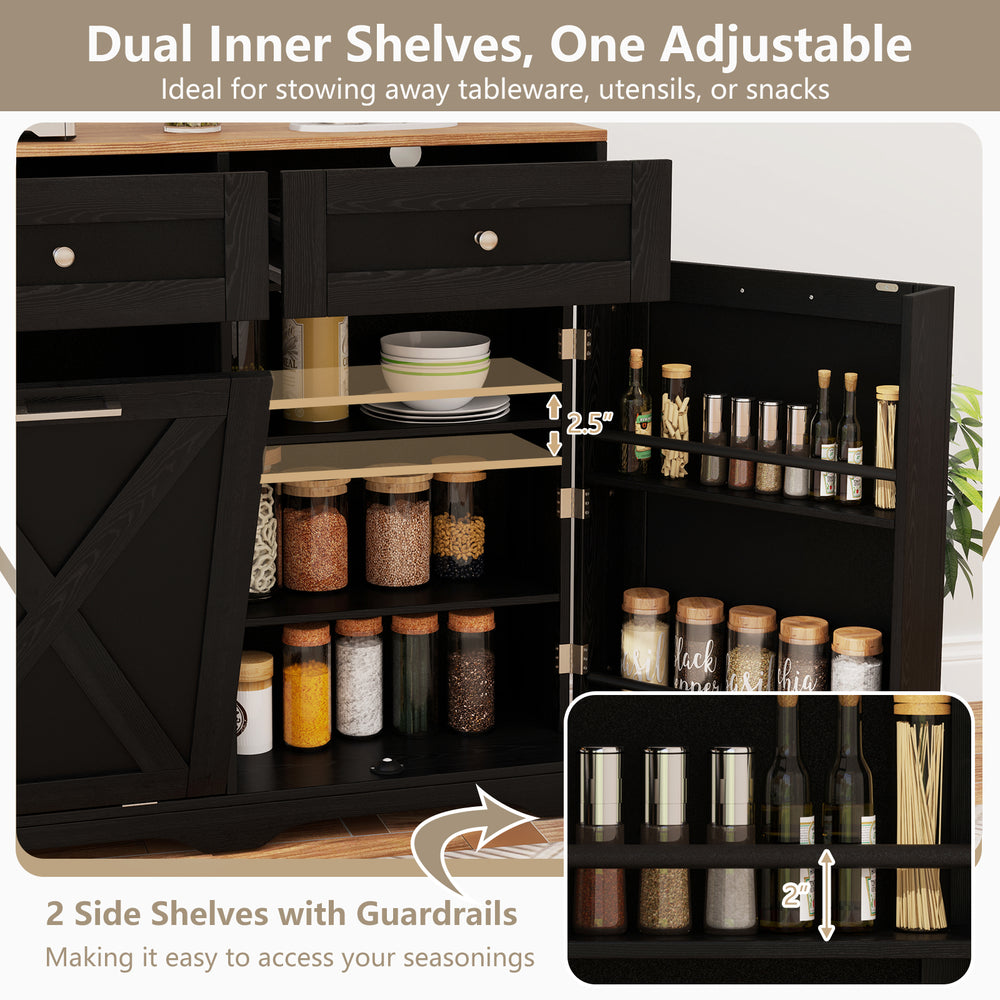 Tilt out trash can cabinet in black with adjustable shelf and side shelves, ideal for storing utensils and seasonings.