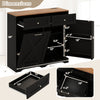 Tilt Out Trash Can Cabinet in black with adjustable shelves, built-in outlets, and rustic barn-style doors for.