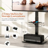 Tilt and height adjustable TV stand with power outlet, featuring two extra shelves for storage convenience.