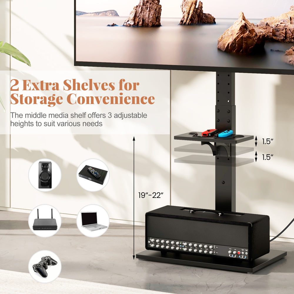 Tilt and height adjustable TV stand with power outlet, featuring two extra shelves for storage convenience.