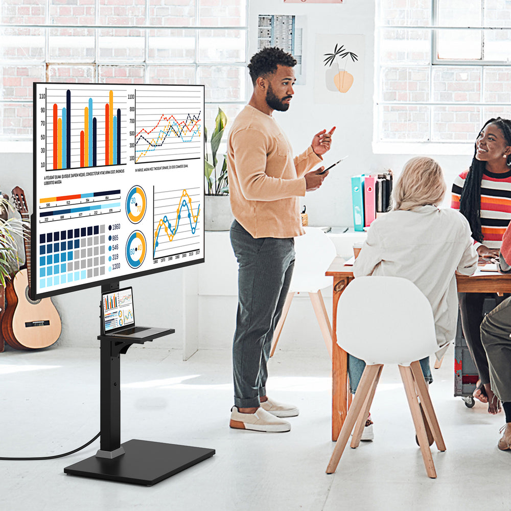 Tilt and height adjustable floor TV stand for 32"-70" TVs, featuring a built-in power outlet and extra storage shelves.