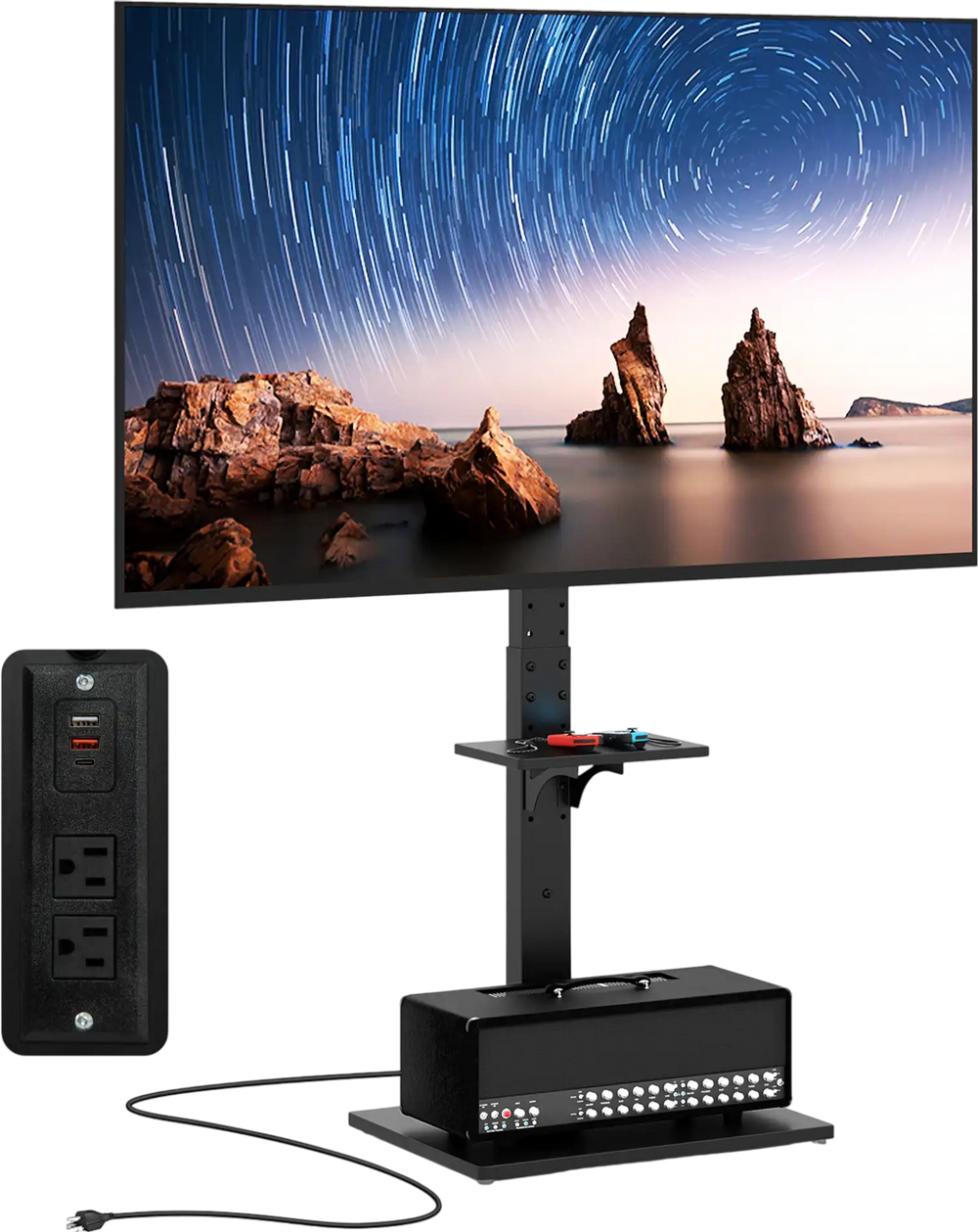 Tilt and Height Adjustable Floor TV Stand with Power Outlet and Adjustable AV Shelf