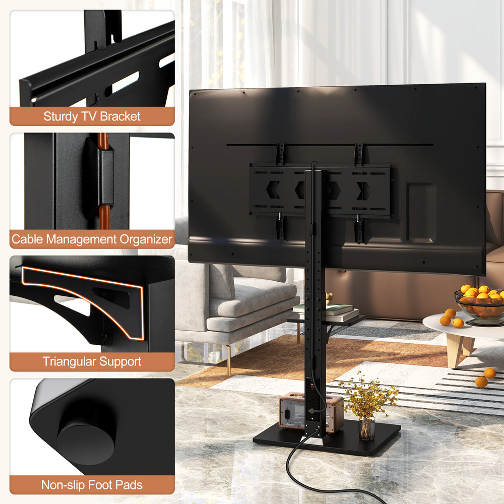 Tilt and height adjustable floor TV stand for 32"-70" TVs with built-in power outlet and cable management for a tidy.