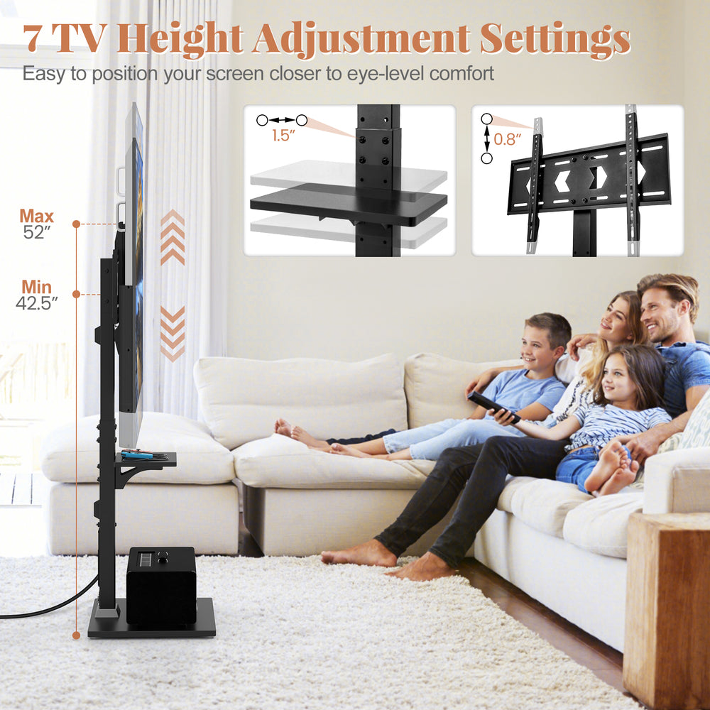 Tilt and height adjustable floor TV stand for 32"-70" TVs with power outlet and adjustable AV shelf for versatile use.