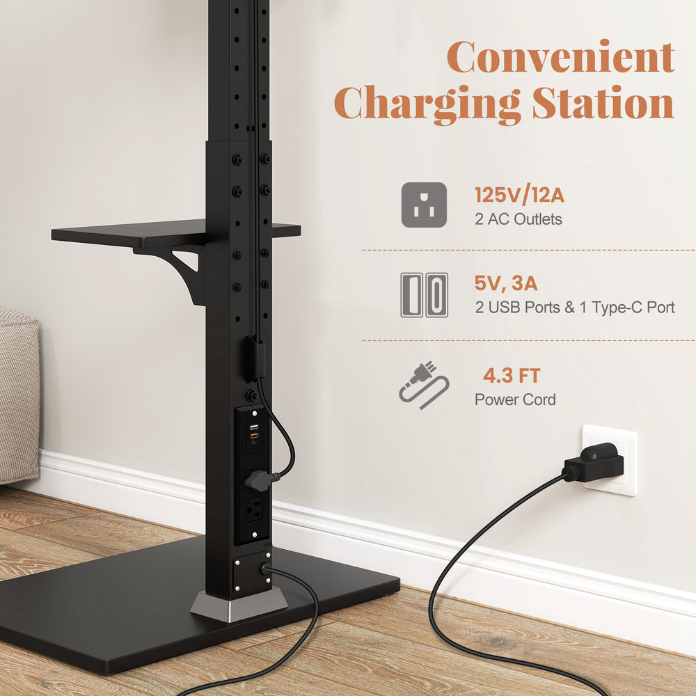 Tilt and height adjustable TV stand with built-in power outlet and USB ports, ideal for 32"-70" TVs and versatile.