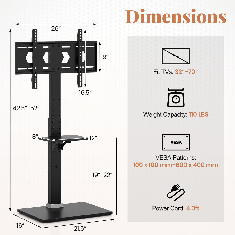Height adjustable floor TV stand with sturdy base and power outlet, suitable for 32"-70" TVs and featuring cable.