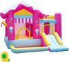 Colorful inflatable bounce house with slide, featuring a high-performance air blower for quick inflation and secure setup.