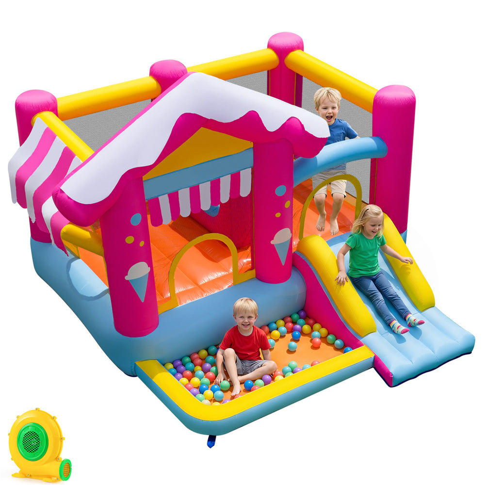 Brightly colored inflatable bounce house with slide and ball pit, ideal for outdoor fun and entertainment for kids.