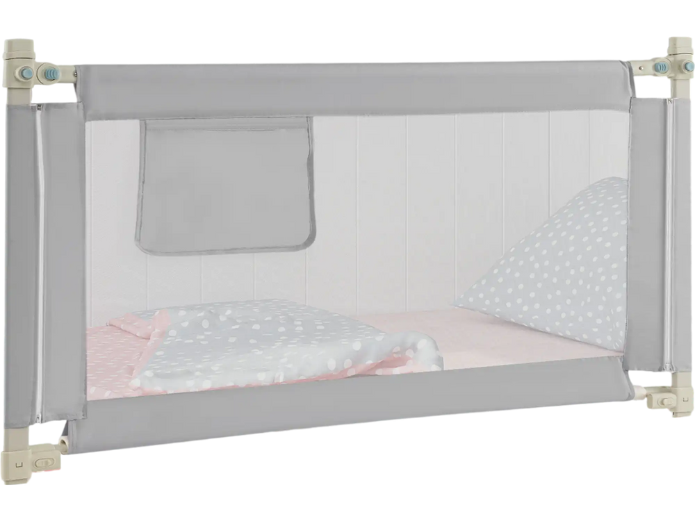 Toddler bedrail in gray with side pocket, adjustable height, and seamless design for safety and convenience.