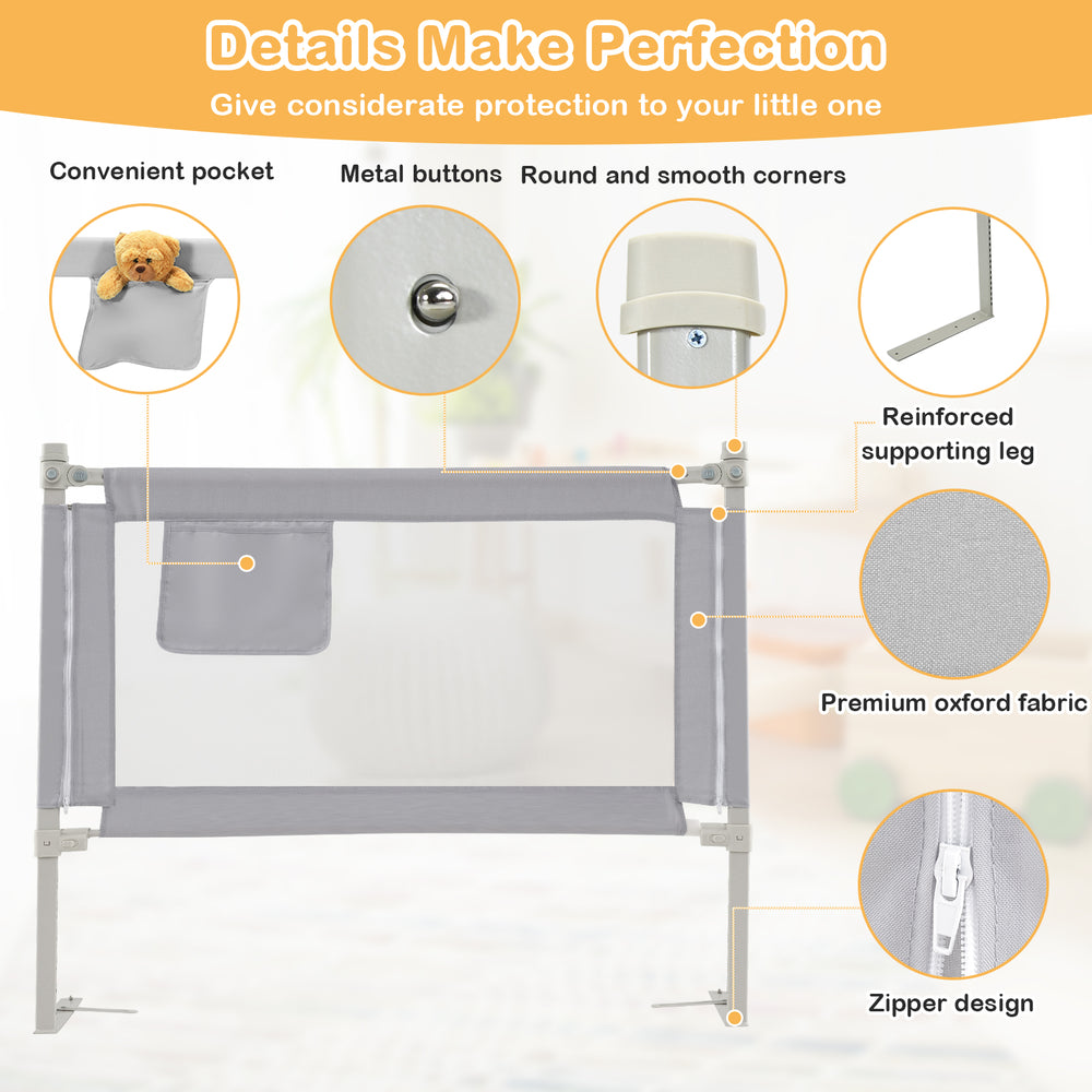 Toddler bedrail in gray with side pocket, adjustable height, and safety features for secure sleep on various bed types.