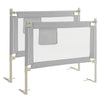 Toddler bedrail in gray with side pocket, featuring 24 adjustable heights for safety and convenience.