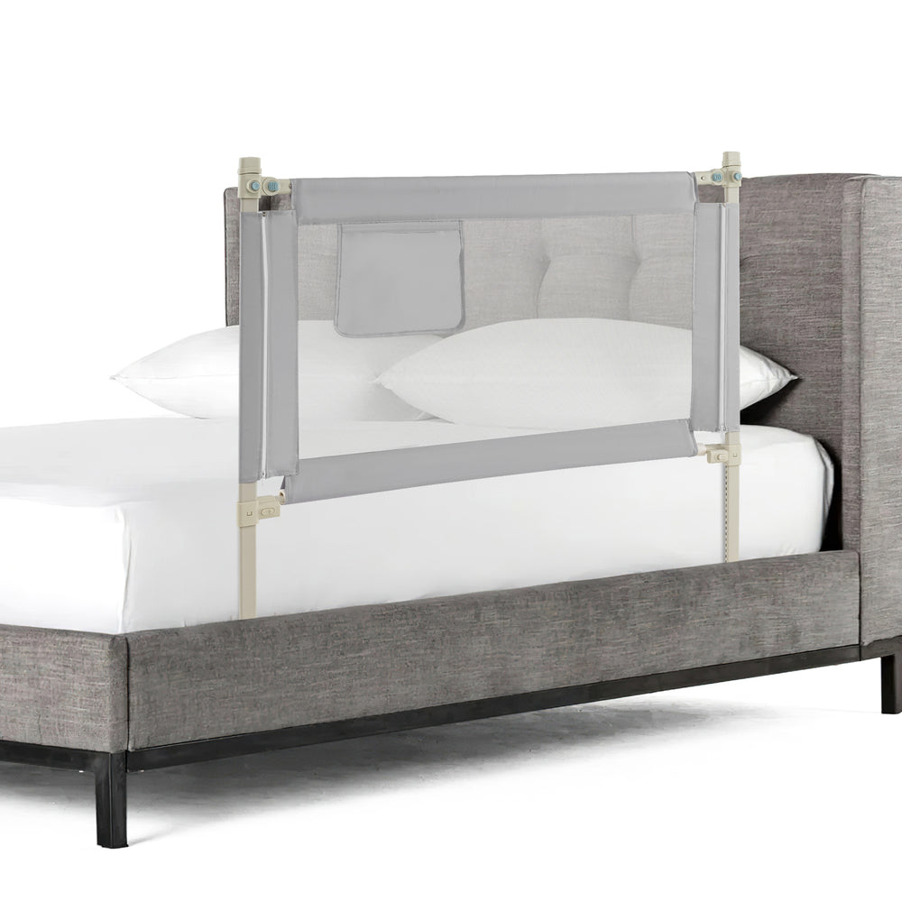 Toddler bedrail in gray with side pocket, featuring 24 adjustable heights for safety and convenience on various bed.