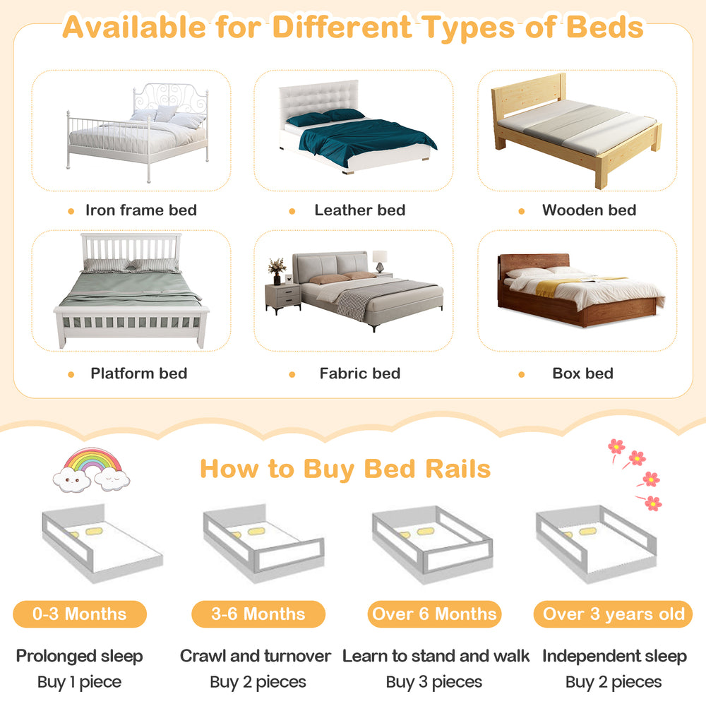 Toddler bedrail in gray with adjustable height, side pocket, and safety features for various bed types.