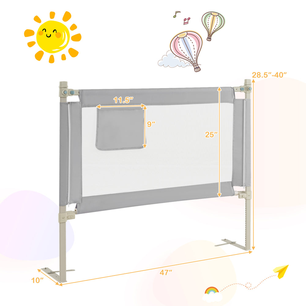 Toddler bedrail in gray with side pocket, featuring 24 adjustable heights for safety and convenience in various bed.