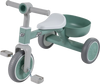 Toddler convertible trike in green with carbon steel frame, limited steering angle, and detachable back storage basket.