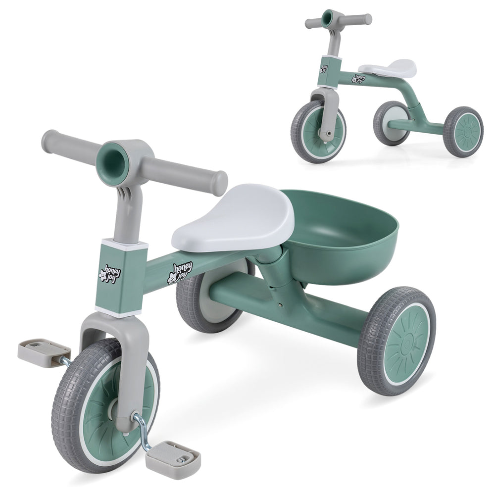 Toddler convertible trike in green with carbon steel frame, detachable storage basket, and limited steering angle for.