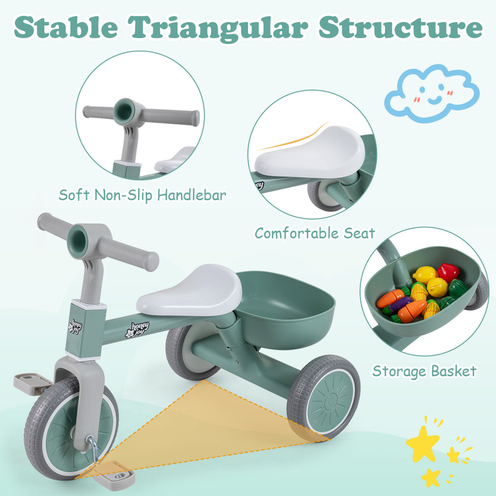 Toddler convertible trike in green with a comfortable seat, storage basket, and stable triangular structure for safe.