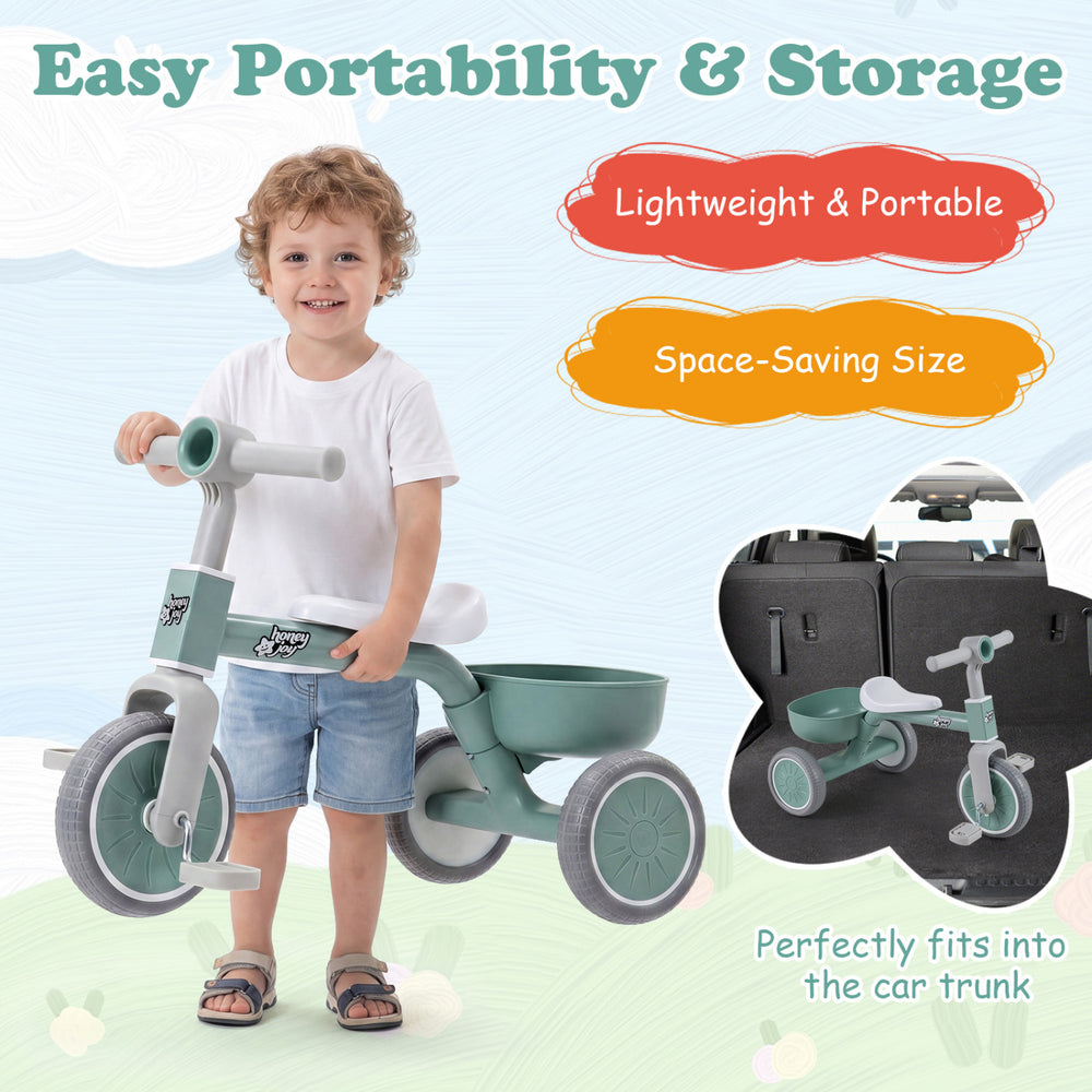 Toddler convertible trike in green with carbon steel frame, lightweight design, and space-saving size for easy.