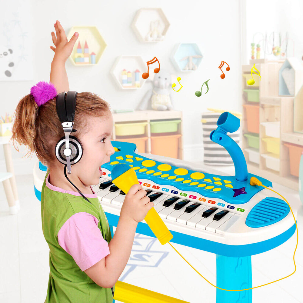 Kids piano keyboard toy in blue with microphone, featuring 31 keys, adjustable volume, and fun sound effects for ages.
