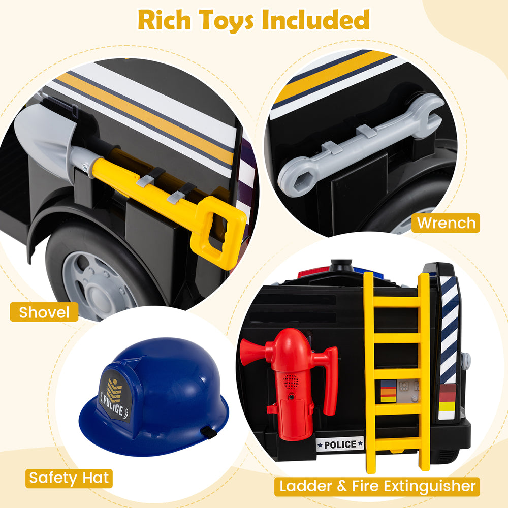 Close-up of the 12V toddler fire toy car's accessories, including a shovel, wrench, safety hat, and fire extinguisher.