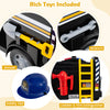 Close-up of the 12V toddler fire toy car's accessories, including a shovel, wrench, safety hat, and fire extinguisher.