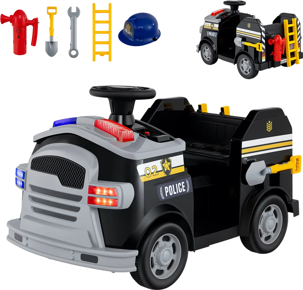 Toddler fire toy car in black with steering wheel, safety belt, and included accessories for ages 37-95 months.